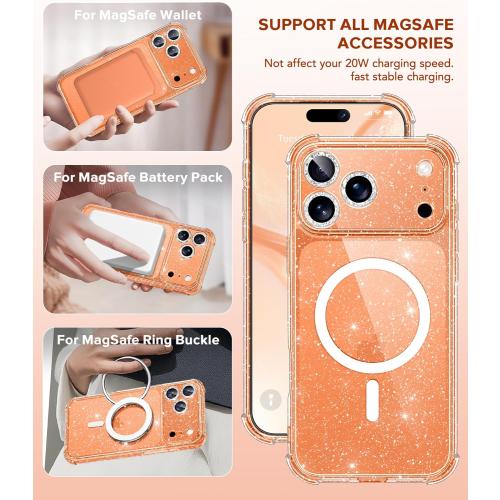 BERFY for iPhone 17 Pro Max Case for Women, Compatible with MagSafe, Clear Glitter Shockproof Protective Case, Anti-Yellowing, with Screen Protector & 3 Diamond Camera Lens Covers 6.9, Sparkle Clear