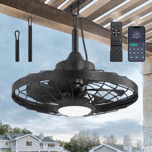 LEDIARY 20 Outdoor Ceiling Fan with Lights,IP65 Waterproof Gazebo Hanging Fan with Remote Control Smart App, Plug in Caged Ceiling Fan with 3CCT 6-Speeds for Patio Porch Pergola(Black)