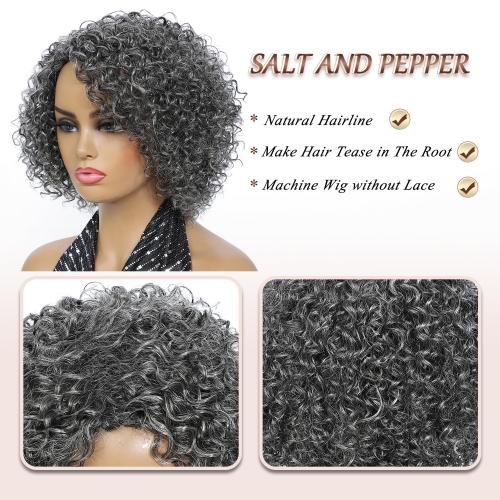 HUA Grey Wig for Women Human Hair Glueless Kinky Curly Salt and Pepper Wigs for Black Women Short Curly Wear and Go Glueless Wig for Old Lady Non-Lace Bob Gray Wigs Human Hair Mixed