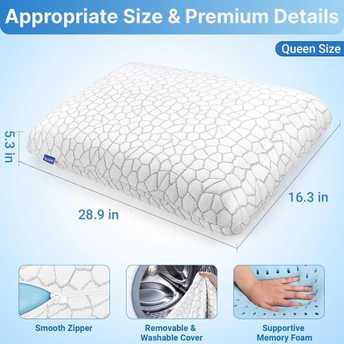 Size Queen Color White TranquilMoments Cooling Memory Foam Pillows, Cooling Bed Pillow, Bed Pillow for Side, Back and Stomach Sleepers, Neck Pillow for Sleeping with Removable and Machine Washable Cover, Queen Size (1 Pack)