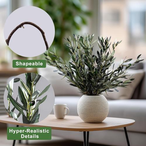 Bailikang 8PCS Premium Artificial Olive Branches for Vases - Realistic PU & Silk Faux Greenery Stems, 3 Sizes, Bendable Wire Stems, Low Maintenance Home/Office/Holiday Decor(No Vase
