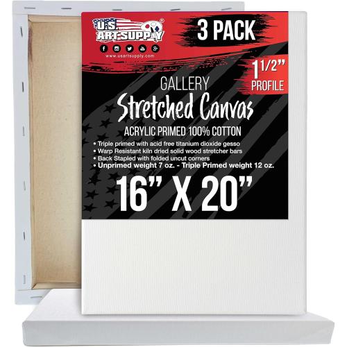 U.S. Art Supply Large Stretched Canvas for Painting 16x20 inch Gallery Depth 1-1/2 Thick, 3-Pack - 12oz Acrylic Gesso Triple Primed, Professional Artist Quality, 100% Cotton - Oil, Pouring Paint