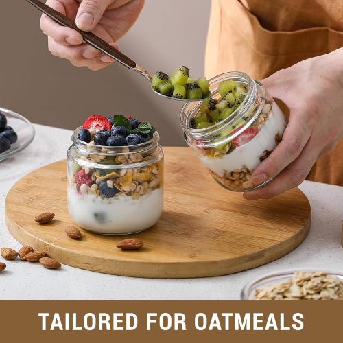 Set of 4 NETANY 4-pack 10oz Glass jars with Airtight Lids, Overnight Oats Containers with Bamboo Lids, Wide mouth Mason Salad jars, Glass Food Storage Containers for Snacks Yogurt Spice Sugar