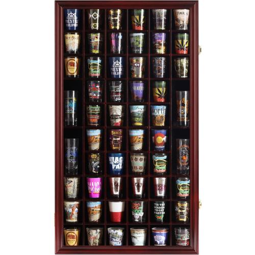 Shot Glass Display Case Cabinet Wall Rack Holder Shadow Box Lockable with UV Protection Acrylic Glass Door Shot Glass Collection Display with 56 Slots (Cherry Finish)