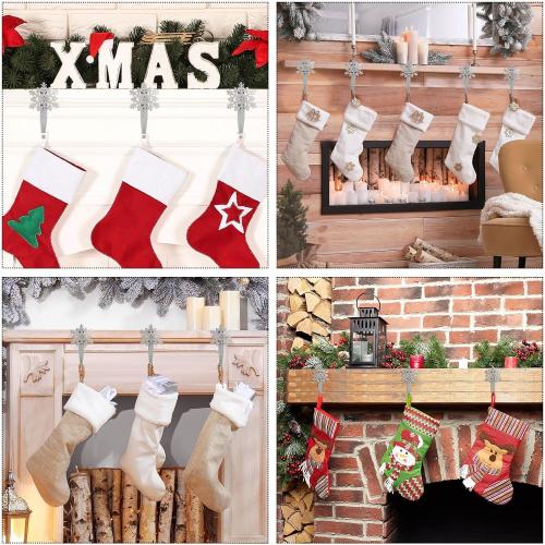 Peryiter 12 Pieces Snowflake Christmas Stocking Holders for Mantle Christmas Stocking Hooks Metal Sock Hangers Holder Stand Weighted for Fireplace(Silver)