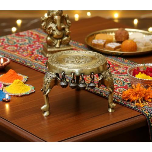 eSplanade Brass Round Mandir Chowki | Elephant Pillars Pooja God Stool with Ghungroo