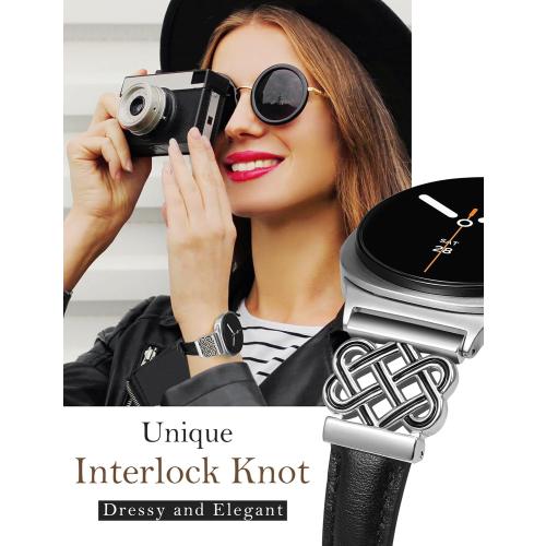 TOYOUTHS Celtic Knot Leather Band Compatible with Samsung Galaxy Watch 8 40mm 44mm/Watch 8 Classic 46mm Bands Women, No Gap One Click Slim Dressy Leather Strap with Designer Interlock Buckle