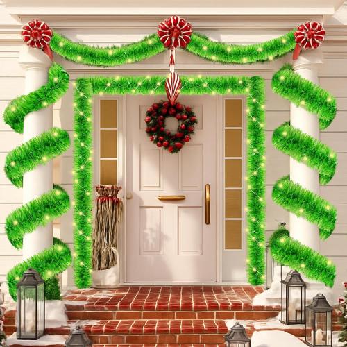 33ft Christmas Tinsel Garland with LED Lights, Lime Green Metallic Foil Glitter Garland & Matching Lights Set for Xmas Tree, Home, Stairs, Indoor Outdoor Party Decor