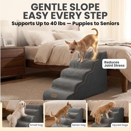 Dog Stairs for High Beds Up to 30, Extra-Tall 5-Step Dog Steps for Bed, 24.5 Tall Foam Pet Stairs for Small & Medium Dogs, Gentle Slope Cat Ramp for Bed with Washable Cover