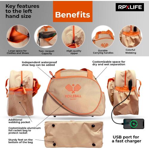 Pickleball bag, Pickleball Bags for Women, Pickleball Bags for Men, Premium Large Capacity Pickle Ball Bag with USB Charging Port, Pickleball Accessories, Pickleball Gifts For Women, Orange & Khaki