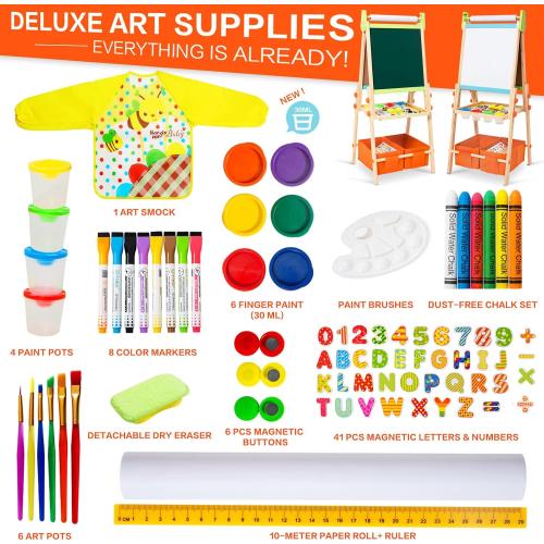 Kids Easel Including 100  Accessories, Rundad Double Sided Wooden Easel for Kids Age 3-8 with Magnetic Chalkboard & Painting Board, Free Height Adjustable Art Easel Supplies for Toddlers