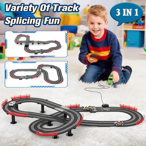 3-in-1 Slot Car Race Track Sets with 4 High-Speed Cars, Electric Track, Dual Racing Game with Lap Counter & 2 Controllers, and Circular Overpass Design – Toy Gift for Boys Kids Ages 6-8 8-12