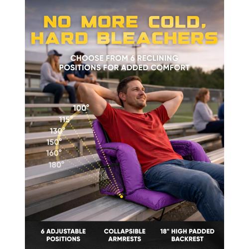 BRAWNTIDE Stadium Seat for Bleachers with Back Support - Wide Padded Reclining Bleacher Seat, Portable Folding Stadium Chair with Armrests, Hooks, Straps, Cup Holders & Pockets (Purple, 21)