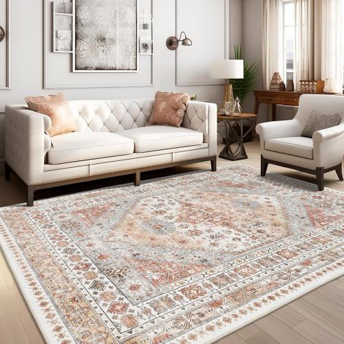 zesthome 8x10 Area Rugs for Living Room,Non-Slip Backing Washable Rugs,Vintage Large Area Rug，Stain Resistant Home Decor Rug (Orange,8'x10')