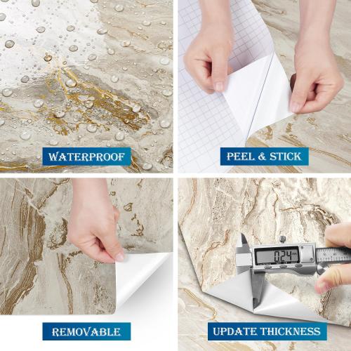 FunStick 36x200 Thick Gold Beige Marble Contact Paper Peel and Stick Countertops for Kitchen Cabinet Wallpaper Waterproof Removable Marble Wall Paper Vinyl Wrap for Bathroom Counter Tops Table Desk