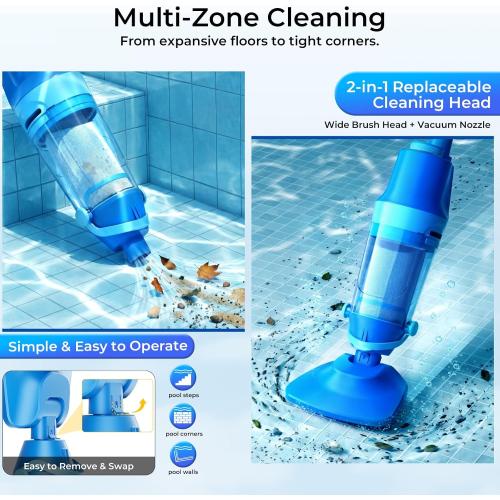 Cordless Pool Vacuum for Inground & Above Ground Pools: 23.8 GPM Powerful Stable Suction, Telescopic Pole up to 90.6, 60-Min Runtime, Extra-Large Filter & Rechargeable Pool Cleaner for Spas/Hot Tubs