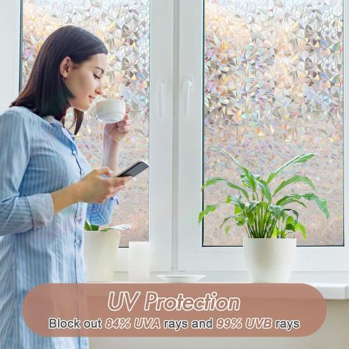 Haton Window Privacy Film, Stained Glass Rainbow Film Decorative Window Clings, Static Cling Sun Blocking Stickers Decals Coverings Tint for Home Heat Control, Non-Adhesive 17.5 x 78.7