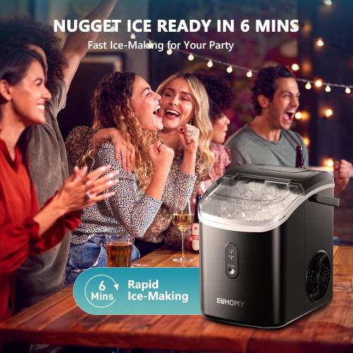 EUHOMY Nugget Ice Maker Countertop with Handle, Ready in 6 Mins, 34lbs/24H, Removable Top Cover, Auto-Cleaning, Portable Sonic Ice Maker with Basket and Scoop, for Home/Party/RV/Camping. (Black) 34LBS Black 1