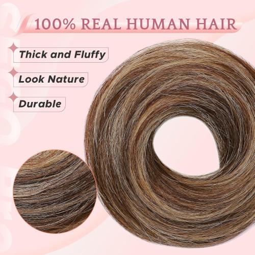 Messy Bun Hair Piece Human Hair Natural Wavy Messy Bun Scrunchie Updo Hairpieces Donut Chignon Ponytail Extensions for Women Girls,Medium Brown Mixed Dark Blonde