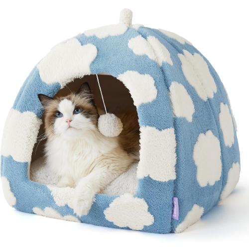Lesure Cute Cat Beds for Indoor Cats - 2 in 1 Large Cat Cave Bed for Puppy and Small Dog with Removable Washable Cushioned Pillow, Cozy Kitten Tent with Non-Slip Bottom, Blue, 17.3 inches
