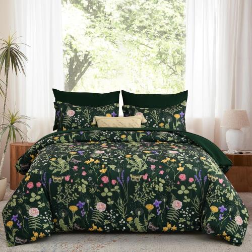 Yiran Queen Comforter Set 7 Piece, Dark Green Floral Bedding Set, Bed in a Bag Queen with Botanical Flowers Patterns, Soft Microfiber Complete Bedding Set with Sheets for All Season