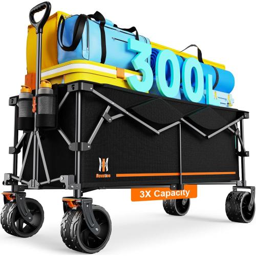 Navatiee 300L Collapsible Wagon Cart Foldable Extra Large, 48''L Folding Extended Beach Wagon with 440LBS Weight Capacity and Big All-Terrain Wheels, Heavy Duty Utility Garden Cart for Sports Outdoor