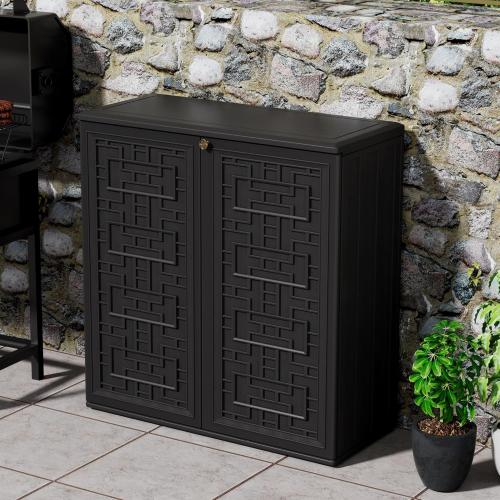 Size 34.3x15x36.2 Color Black Outdoor Storage Cabinet Waterproof with Shelf,Resin Storage Sheds Outdoor Cabinets for tub towels/chemicals/grill items/Patio/Garden/Backyard, Size 34.3''L*15''W*36.2''H（Black）