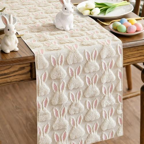 OTOSTAR Easter Bunny Table Runner Designs Soft Fluffy Plush Faux Fur Spring Seasonal Rabbit Table Runner for Home Party Easter Day Decor 13x72 Inch (Cream Beige)