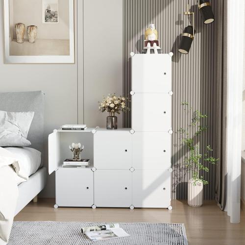 C&AHOME Cube Storage Organizer with Doors, 8-Cube Shelf, Closet Cabinet, DIY Plastic Modular Bookshelf, Storage Shelves Ideal for Bedroom,Living Room,24.8 L × 12.4 W × 48.4 H Milky UGSHS3008M