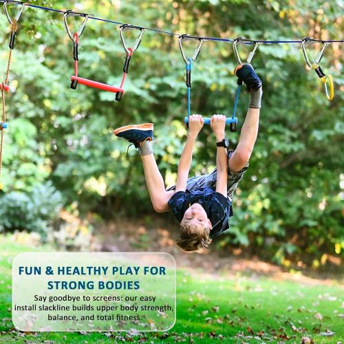Ninja Warrior Obstacle Course for Kids - 2*56FT Slackline Kit with 8 Obstacles | Upgraded Quick-Install Buckles (No Threading Needed), 900lbs Max Load Backyard Training Gear