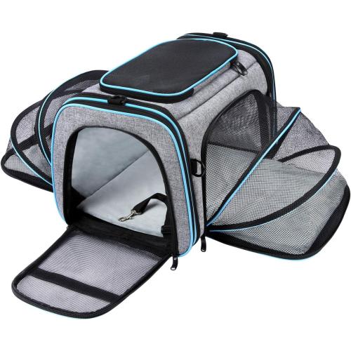Size 19.5L x 12W x 12H Airline Approved Pet Carrier, Large Soft Sided Pet Travel TSA Carrier 4 Sides Expandable Cat Collapsible Carriers with Removable Fleece Pad and Pockets for Cats Dogs and Small Animals
