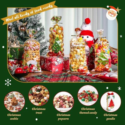 50Pcs Christmas Cellophane Treat Bags - Santa Claus Goodie Candy Xmas Clear Cello Bags Twist Ties for Winter Holiday Christmas Theme Party Favor Supplies, 4 Styles
