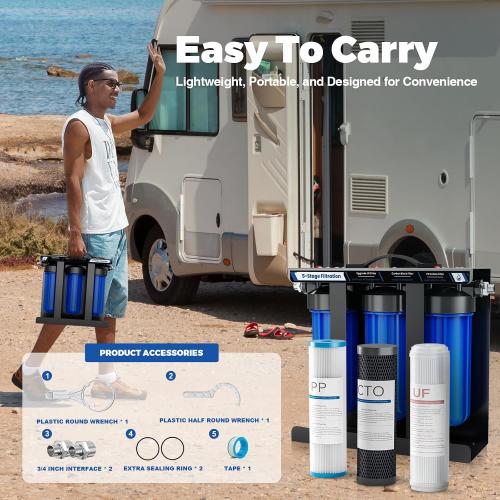 RV Water Filter System,5-Stage Water Filtration for Rvs and Campers, 0.01 Micron Filters Out Sediments, Chlorine, Vocs, Heavy Metals, Odors for Travel Trailers, Boats, 1 Inlet/Outlet