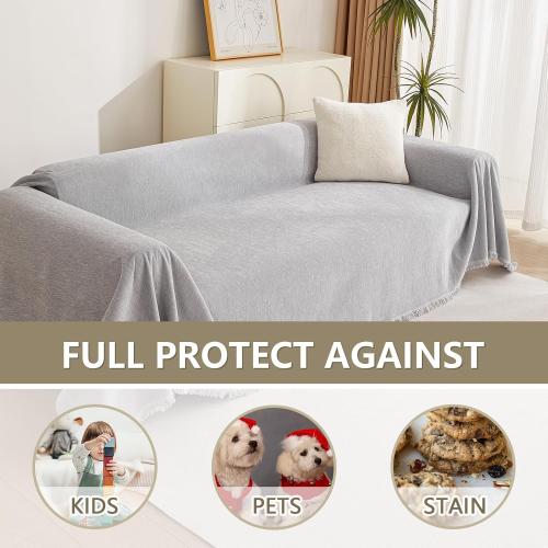 Light Grey 91x134 MYSKY HOME Light Gery Chenille Sofa Cover for Dogs Cats Tassel Edge Couch Cover Furniture Protectors for Pets Universal Couch Cover Thick Durable Sectional Couch Covers for 3 Cushion Couch, 91x 134