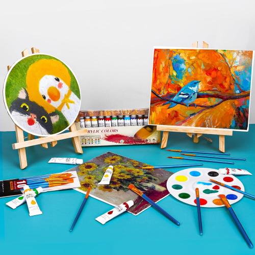 ESRICH Acrylic Paint Canvas Set,104 Piece Professional Painting Supplies Kit with 4 Wood Easel, 4 * 12Colors, 4 * 10 Paint Brushes, Canvas Etc, Premium Paint Kit for Artists Beginner