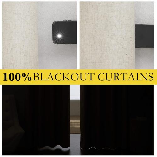 NICETOWN Natural Thick Linen Blend 100% Blackout Curtains 70 Long 2 Panels Set for Bedroom, 34 Wide, Rustic Grommet Thermal Insulated Flax Textured Full Blackout Window Draperies with White Liners
