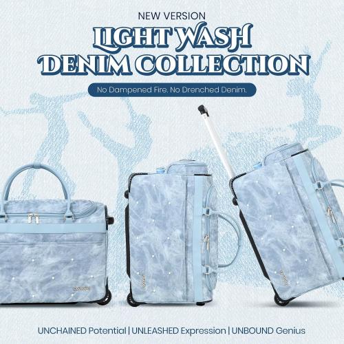 Fanwoli 23 Denim Dance Bag with Garment Rack, Competition Duffel | Creative-Denim Collection|Waterproof|Anti-Tipping Dual-Support Rack|9-Pocket Storage|Silent Wheels|10-Costume Capacity