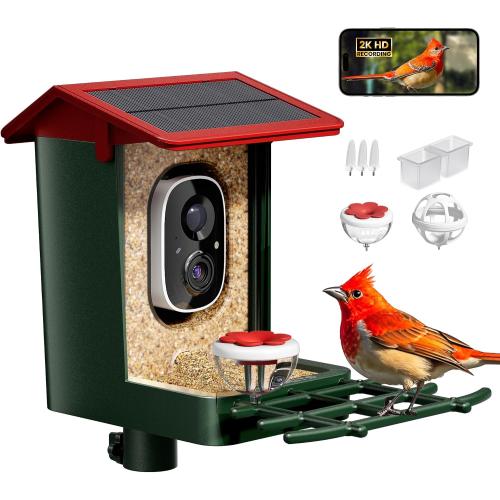 ‼️may be some missing pieces or mild stains ‼️Smart Bird Feeder with Camera Solar Powered, 2K HD Video, AI Bird Species Identification, Instant Arrival Alerts, Weatherproof Design for Effortless Birdwatching, Best Gift for BirdLovers, Red