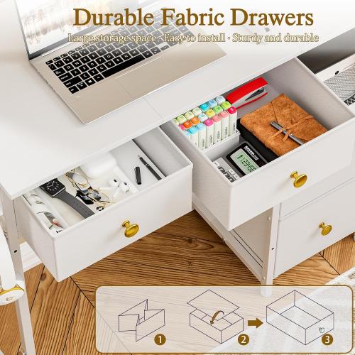 White 33.5Inch Small Computer Desk with 4 Fabric Drawers, Simple Writing Desk for Home Office, Compact Study Desks for Small Spaces, Kids Desk Study for Bedroom, White