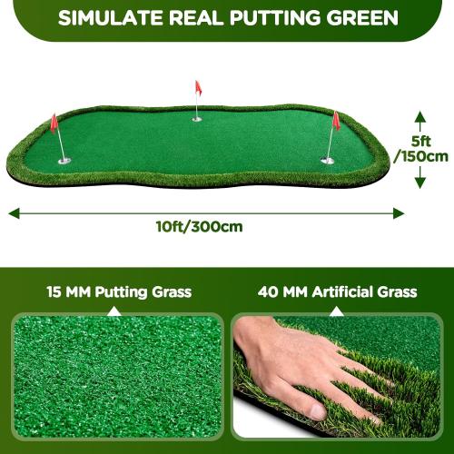 Golf Putting Green Indoor Outdoor Putting matt Professional Training Mat Practice Putting Mat with 3 Flags 1 Movable Cup 2 Slope Pad 5x10ft