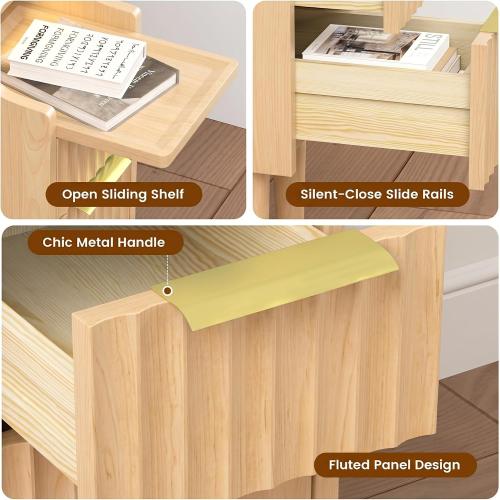 Fluted Narrow Nightstand with Charging Station, Solid Wood Night Stand with 2 Drawers, Natural Mid Century Modern Led Nightstand, Small Beside Table with Open Storage Shelf for Bedroom （10 inch）