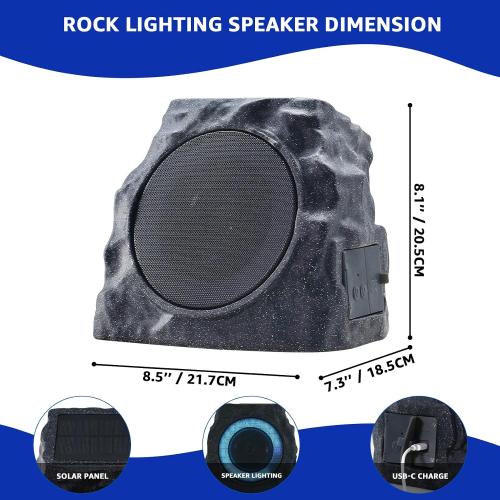 uuffoo 2-Pack Solar Powered Rock Speakers Outdoor Water-Resistant IP44 Rock Speaker with Lights RGB Colors and USB Charging for Patio Pool Party Yard Garden Outside