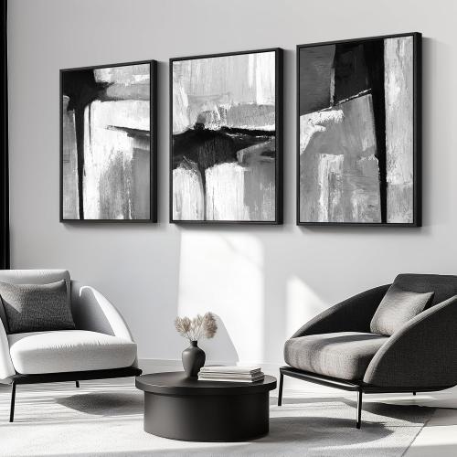 Size 24x36 Set of 3 Large Framed Black and White Gray Abstract Wall Art for Living Room, 3 Piece Modern Canvas Prints Paintings Artwork for Walls, Grey Abstract Pictures for Hallway Office Wall Decor 24x36 In