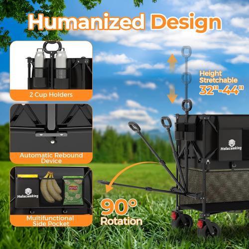 480L Double Decker Wagon, 58 L Extended Foldable Utility Cart with Tailgate, Big All-Terrain Wheels with Brakes, 520lbs Heavy Duty Collapsible Wagon for Camping Beach Sports Grocery Pets