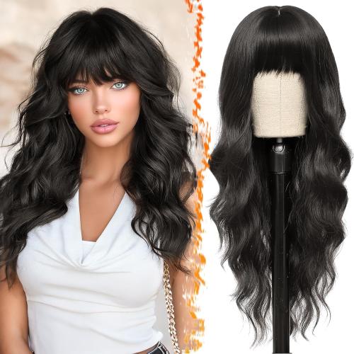 BARSDAR 26 Inch Long Wavy Dark Brown Bangs Wig Natural Looking Synthetic