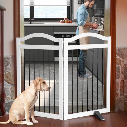 Foldable Freestanding Indoor Dog Gate for Doorways Wooden White Pet Gate for The House Dog Fence with Support Feet Included for Stairs, Hallways, 32 Height,2 Panels