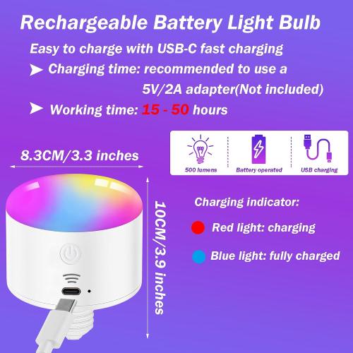 Battery Operated Light Bulb with Remote RGB Rechargeable Light Bulb USB Charging,50H Long Life Emergency Light Bulbs for Power Outage,Battery Powered Light Bulb for Home,Outdoor Activities