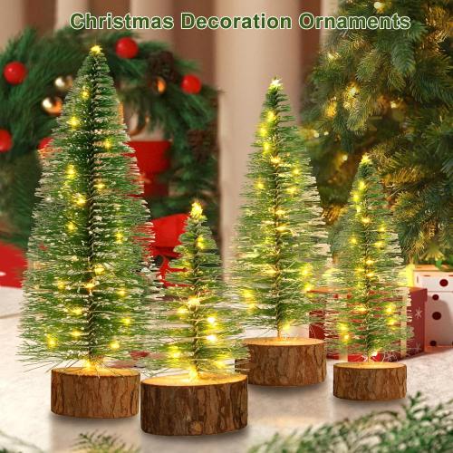 4 PCS Mini Christmas Trees, Artificial Bottle Brush Trees with 2 Modes Timer LED String Lights, Button Cell Battery Powered Desktop Small Pine Trees with Wooden Base for Home Xmas Decor (Warm White)