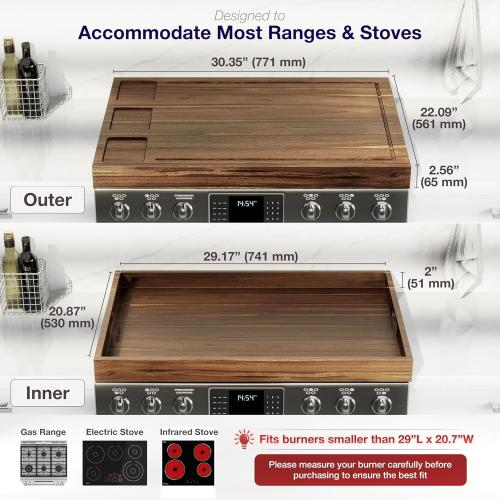 BLUEWEST Noodle Board Stove Cover with Handles, 3 in 1 Wood Stove Top Covers Board for Gas Burners and Electric Stove, Wooden RV Stovetop Cover, Tray for Kitchen Counter Space with Juice Grooves
