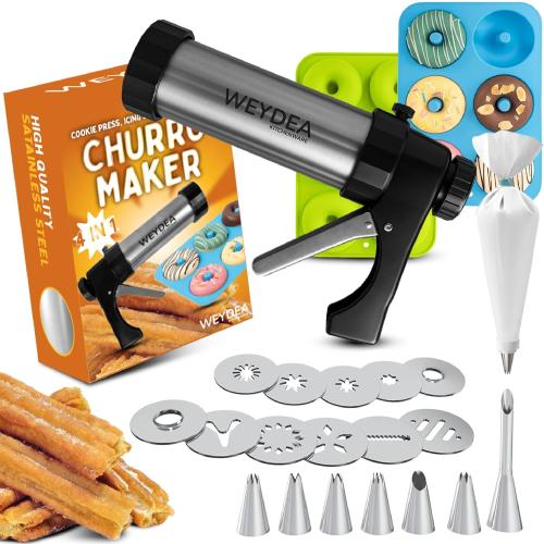 Churro Maker Machine & Cookie Press 4in1 Manual Churros Maker with Nozzles, Jerky Gun, Piping Kit, Cookie Press Gun, Make Churros, Cookies, Donuts, Baking Accessories Included (churreras para churros)